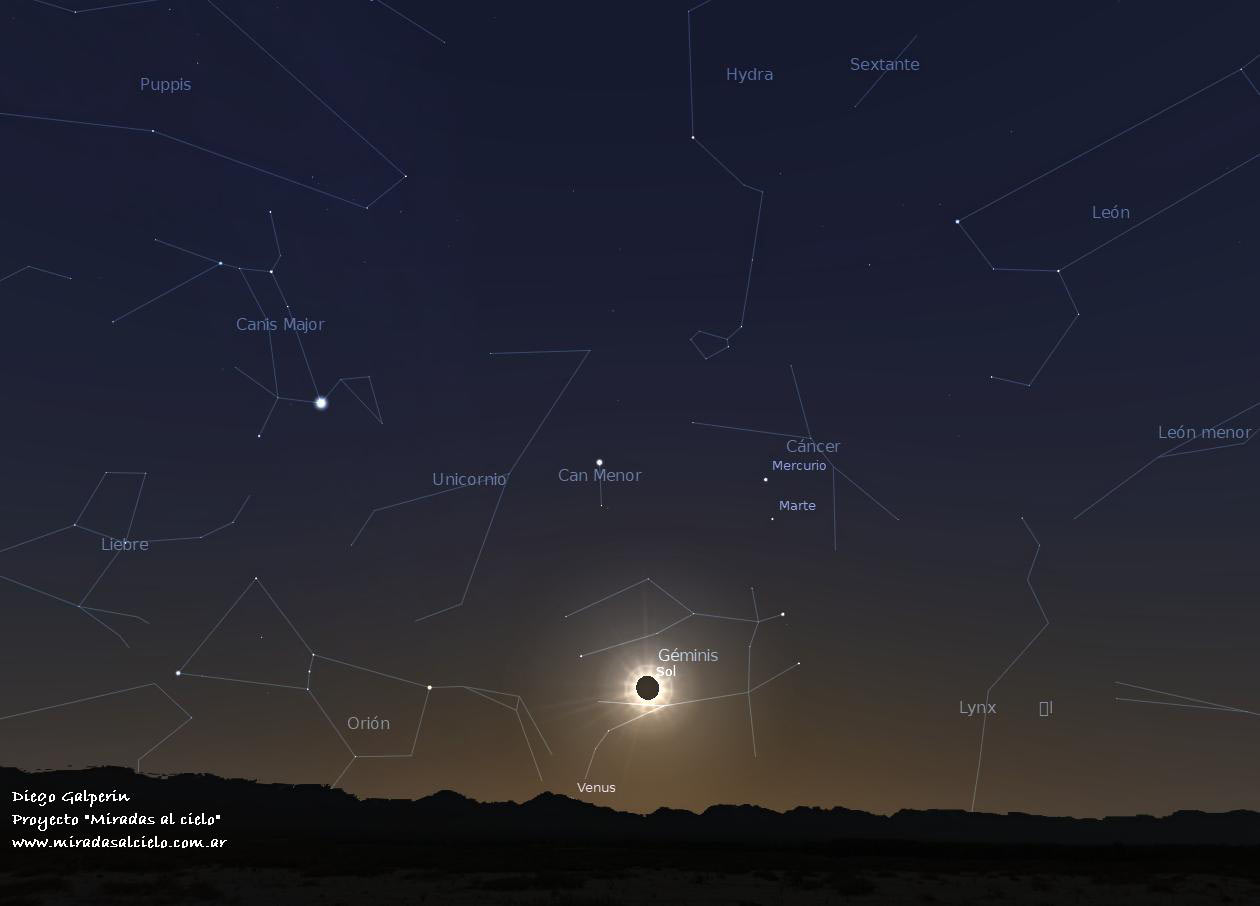Aspecto del cielo simulado para el momento del máximo del eclipse